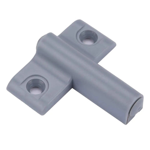 Close-up of a gray ABS plastic silent push open cabinet door catch, part of a ten pack silent push open cabinet door catches with sticky bumpers to keep kitchen cupboards wardrobes and drawers closed without noise or hardware damage for a super clean modern look.