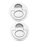Two stainless steel flush pull ring handles for boat hatches, front view.