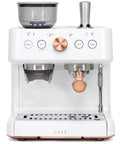Next Level Semi Automatic Espresso Machine With Badass Built In Grinder And Silky Milk Frother Featuring WiFi App Control Custom Drinks, matte white design with copper accents.