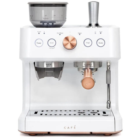 Next Level Semi Automatic Espresso Machine With Badass Built In Grinder And Silky Milk Frother Featuring WiFi App Control Custom Drinks, matte white design with copper accents.
