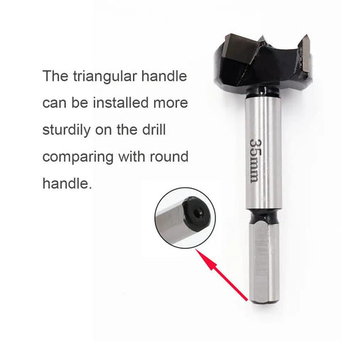Rock Solid 5 Piece Forstner Drill Bit Set Packing Tungsten Carbide Tips 35mm with triangular handle for sturdy installation.
