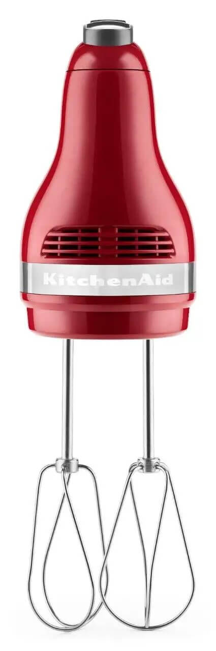 Heavy Duty Badass Power Five Speed Hand Mixer With Twist And Lock Cord Design For No Sweat Mixing And Slick Gliding Handles In Empire Red Finish, front view with chrome accents.