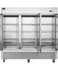 Rock Solid 82 Inch Wide Commercial Reach In Freezer With Three Doors And 72 Cubic Feet Capacity Stainless Steel pro kitchen workhorse open with shelves.