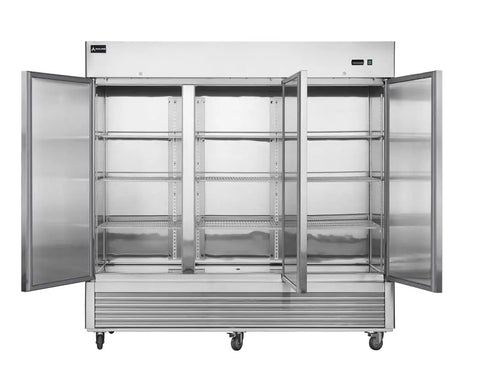 Rock Solid 82 Inch Wide Commercial Reach In Freezer With Three Doors And 72 Cubic Feet Capacity Stainless Steel pro kitchen workhorse open with shelves.