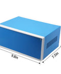 Blue Metal Junction Box Enclosure For DIY Electrical Projects, 9.8 x 7.5 x 4.3 Inch Heavy Duty Project Box With 4 Mounting Legs, Durable Steel Case Ideal For Electrical Wiring And Control Panels front view with 9.8 x 7.5 x 4.3 in dimensions