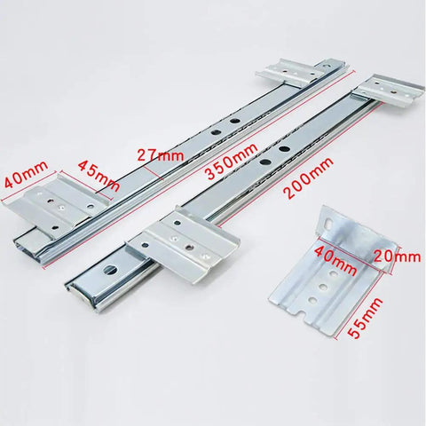 Premium 350mm Heavy Duty Drawer Slides Featuring Rock Solid Ball Bearing Runners For A Silky Smooth Glide And Secure Hold On Cabinets Or Office Desks No Fuss Setup Sleek Black Finish Built To Last showing dimensions and components.