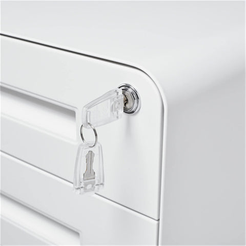 Close-up of lock on Metal Vertical File Cabinet With Anti Tip Design Lockable Three Drawer Rolling Filing Cabinet For Home Office Under Desk Secure Storage And Easy Access Fits A4 And Letter Folders