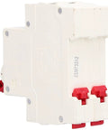 Rock Solid Two Pole DC Disconnect Switch With No Sweat DIN Rail Snap On Mount And Bipolar Load Cut For 1000V Panels, white with red handles.