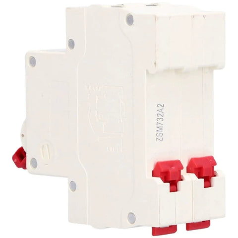 Rock Solid Two Pole DC Disconnect Switch With No Sweat DIN Rail Snap On Mount And Bipolar Load Cut For 1000V Panels, white with red handles.