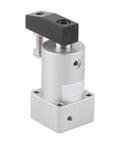 Front view of a rotary air pneumatic cylinder with 90 degree angle, compact industrial grade unit, ACK25-90R, silver and black.