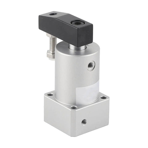 Front view of a rotary air pneumatic cylinder with 90 degree angle, compact industrial grade unit, ACK25-90R, silver and black.