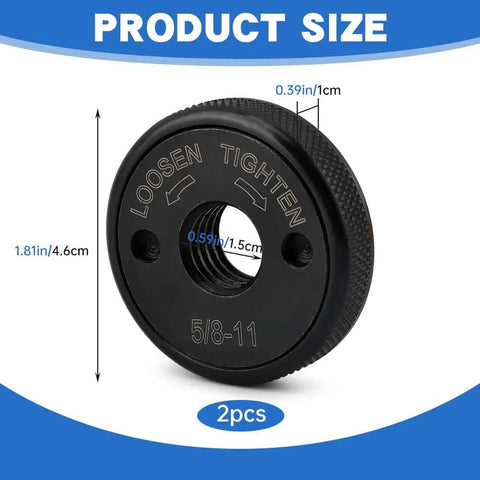5/8-11 Thread Angle Grinder Flange Nuts, 2 Pack Self-Locking Flange Nut for 4.5 and 5 Inch Grinders, product dimensions shown