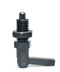 Heavy Duty Index Plunger Pin With Ergonomic L Handle For Dead On Alignment In Pro Garages And Workshop Sheds Smooth Action Metric Threaded Steel Build Quality, black steel pin with lever and hex nut.