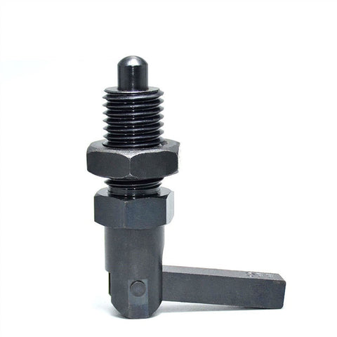 Heavy Duty Index Plunger Pin With Ergonomic L Handle For Dead On Alignment In Pro Garages And Workshop Sheds Smooth Action Metric Threaded Steel Build Quality, black steel pin with lever and hex nut.