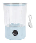 Rechargeable Cordless Mini Portable Washer With Turbo Water Tech Cleans Delicates Undies Socks And Towels With Gentle Kneading Action Dual Batteries, shown in light blue with USB cable.