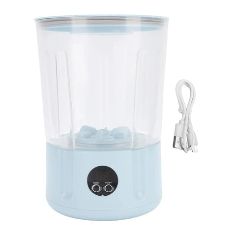 Rechargeable Cordless Mini Portable Washer With Turbo Water Tech Cleans Delicates Undies Socks And Towels With Gentle Kneading Action Dual Batteries, shown in light blue with USB cable.