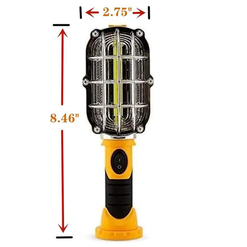 Two Pack Cordless LED Work Lights With Magnetic Bases And Swivel Holders, front view showing dimensions of 8.46x2.75 inches