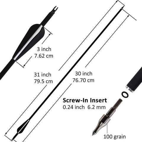 Dimensions of 12 Pack Archery Hunting Arrows For Compound Bow Or Recurve Bow With Removable Tips And Adjustable Nocks