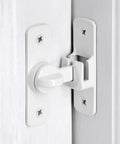 Heavy Duty Aluminum Gate Lock Plus Adjustable Barn Door Latch featuring smooth 90 to 180 degree swing, mounted on a white door.