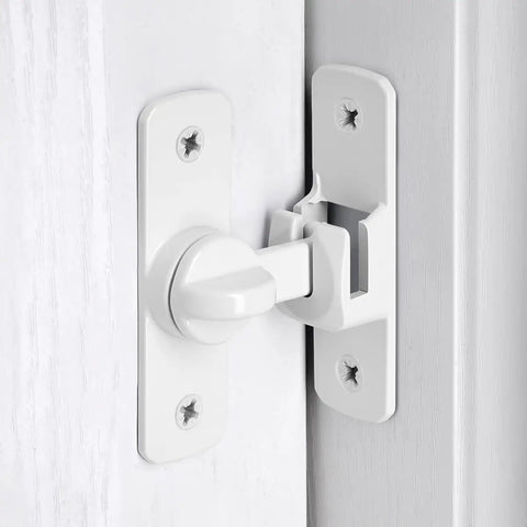 Heavy Duty Aluminum Gate Lock Plus Adjustable Barn Door Latch featuring smooth 90 to 180 degree swing, mounted on a white door.