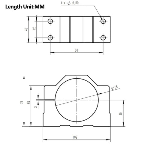 Technical diagram of a 65mm CNC Spindle Clamp Bracket Aluminum Alloy Mount for CNC Engraving Machines and Routers, with dimensions in mm.