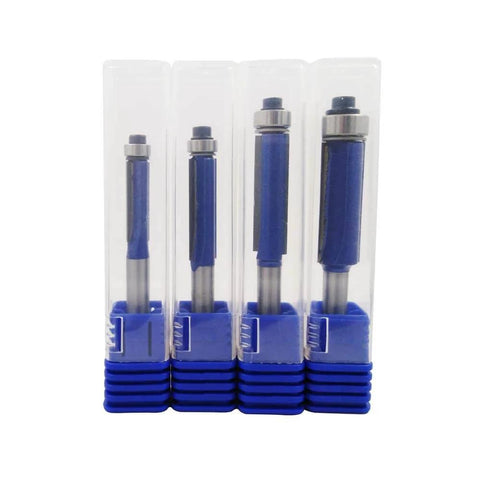 Four Piece Flush Trim Router Bit Set With One Quarter Inch Shank And Top Bearing Includes Cutting Diameters One Quarter Five Sixteenths Three Eighths And One Half Inch Industrial Carbide Cutters For Smooth Finishing On Solid Wood MDF Plywood And More in packaging