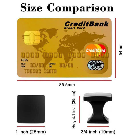 Size comparison of Polished Chrome Curved Square Top Cabinet Knobs 25mm 10 Pack Durable Metal Pull Handles with credit card.