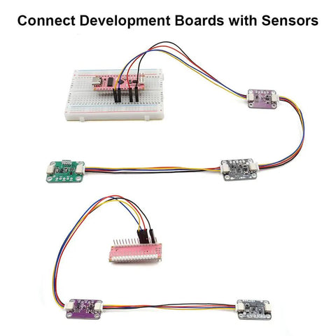 Qwiic I2C Cable Kit With Stemma QT Wires includes 12 color coded cables connected to breadboard and sensor breakouts