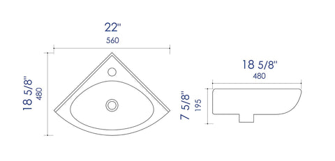 Diagram of White 22 Inch Corner Wall Mounted Ceramic Porcelain Sink With Faucet Hole Durable Glossy Glaze For Small Bathrooms And Modern Quarters Ideal For Tight Spaces And Contemporary Baths showing dimensions.