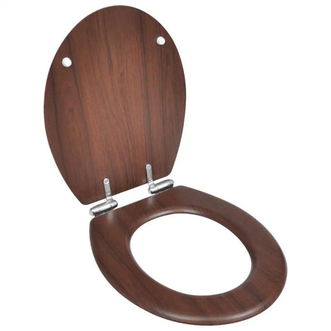 Heavy Duty Soft Close Toilet Seats Crafted From Dense Mdf Featuring Quiet Shutting And Rich Brown Hue For A Seamless Bathroom Glow Up That Is Truly Nailed To Perfection, opened view with silver hinges.