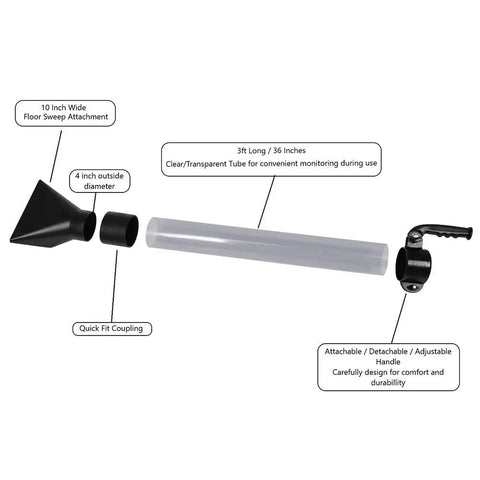 Mobile Dust Collector Wand Kit With A 4 Inch Clear PVC Wand 36 Inches Long Two Detachable Handles Wide Mouth Floor Fitting And Dust Brush For Easy Floor Cleaning And A Grab And Go Shop Vac Upgrade