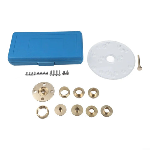 Rock Solid Brass Router Guide Bushing Set With Acrylic Base Plate And Dang Accurate Centering Pin Complete Metric Kit For Template Routing Inlay Work Sleek Storage Case showing brass guides and clear plate.