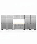 Heavy Duty 12 Piece Steel Garage Cabinet Storage Sets Featuring Lockable Rolling Workbench And Wall Cabinets with tall cabinets.
