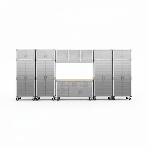 Heavy Duty 12 Piece Steel Garage Cabinet Storage Sets Featuring Lockable Rolling Workbench And Wall Cabinets with tall cabinets.