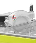 Badass 7 Inch Portable Wet Tile Saw With Tough Stainless Steel Table And Smooth Miter Guide For Quick Ceramic Cutting Certified Refurbished Rig close-up of clear blade guard