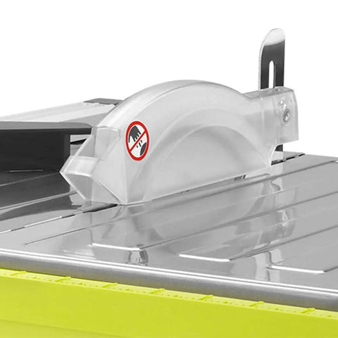 Badass 7 Inch Portable Wet Tile Saw With Tough Stainless Steel Table And Smooth Miter Guide For Quick Ceramic Cutting Certified Refurbished Rig close-up of clear blade guard
