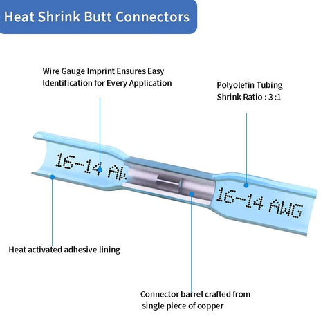 Side cross-section diagram of a blue heat-shrink butt connector for 16-14 AWG wire with copper barrel and adhesive lining