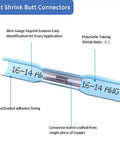 Diagram showing Blue Heat Shrink Butt Connectors 200 Pcs For 16 To 14 AWG Wire Waterproof Electrical Crimp Terminal Splices details.