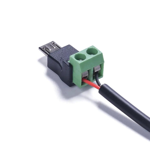 Micro USB Male To 2 Pin Screw Terminal Adapter Solderless Connector for charging phones cameras and small appliances, green PVC with copper wiring.