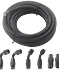 Top Grade E85 Ready Nylon Braided PTFE Fuel Line Kit With Swivel Hose Ends In An6 An8 And An10 Sizes For Hot Rigs And Street Racer Builds Featuring Long 10ft Length In Durable Black Finish To Upgrade Your Ride Today. coiled black braided PTFE fuel line with swivel hose ends, AN6 AN8 AN10 fittings