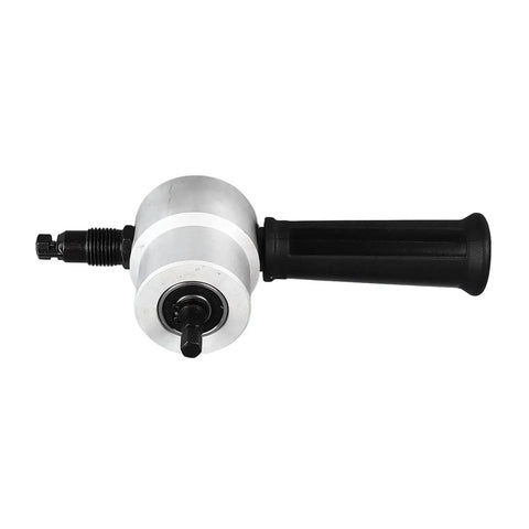 Double Head Sheet Metal Cutter With 360 Degree Rotation Nibbler Drill Attachment, precision tool with metal and plastic handle.