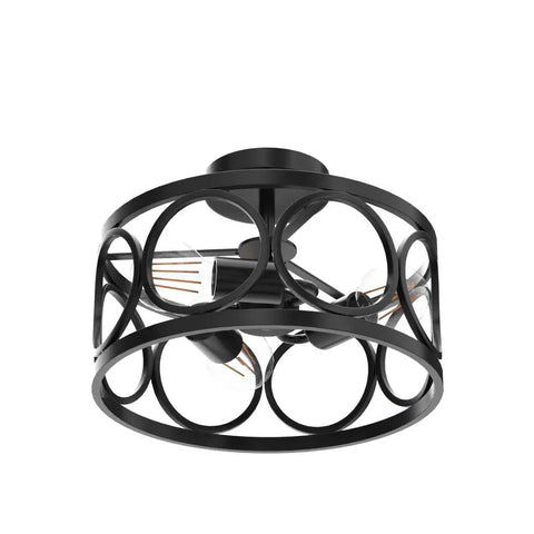 Three Light Semi Flush Mount Ceiling Fixture In Black Metal Farmhouse Chandelier, black drum frame, ceiling view