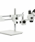 Trinocular Zoom Microscope With 3.5X To 180X Magnification, 144 LED Ring Light, 18MP USB 3.0 Camera, A Real Workhorse Stereo Microscope For Biology, Electronics, QC, And Detailed Inspections. Side view of white stereo microscope on stand