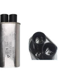 Heavy Duty Workhorse 2500 Volt 0.95 Microfarad Capacitor for Industrial Microwave Drying Equipment, silver with black connectors.