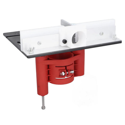 Boss Level Router Table Saw With Quick Turn Lift Kit And Reinforced Insert Base features red router lift and flat mounting surface.