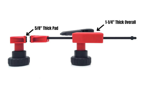 Hella Tight 12 Piece MFT Table Clamp Kit For Workbenches Featuring 4 Inch Vertical And Horizontal Clamps With 20mm Dog Holes Bench Dogs And Locking Knobs For Straight Up Reliable Shop Work showing clamp details with 1-1/4 inch thickness.