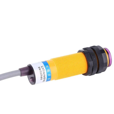 Close-up of JYIO 10 Pack Infrared Photoelectric Switch Diffuse Reflection Sensor Module with yellow body and rugged 1.1m cable