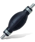 Heavy Duty 8mm Manual Primer Bulb Fuel Transfer Pump shown with black rubber body and aluminum fittings for gas and diesel.