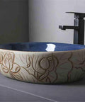 UYTROPLK Bathroom Vessel Sink Ceramic Outdoor Indoor Bathroom Vintage Pedestal Basin with Accessories Patio Wash Basin Round Bathroom Sink with hand-painted design.