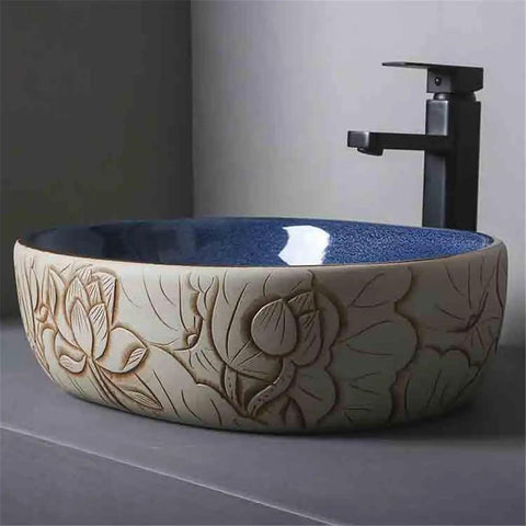 UYTROPLK Bathroom Vessel Sink Ceramic Outdoor Indoor Bathroom Vintage Pedestal Basin with Accessories Patio Wash Basin Round Bathroom Sink with hand-painted design.